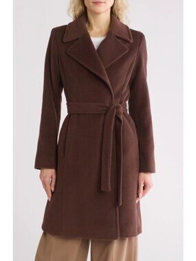 $1198 Fleurette Women's Wool Blend Wrap Coat Jacket in Chestnut Brown Size 14